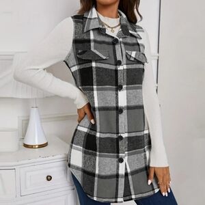 Cuteduck Sleeveless Button Down Vest (Shirt/Shacket), Black Plaid, 2 Sizes Avail
